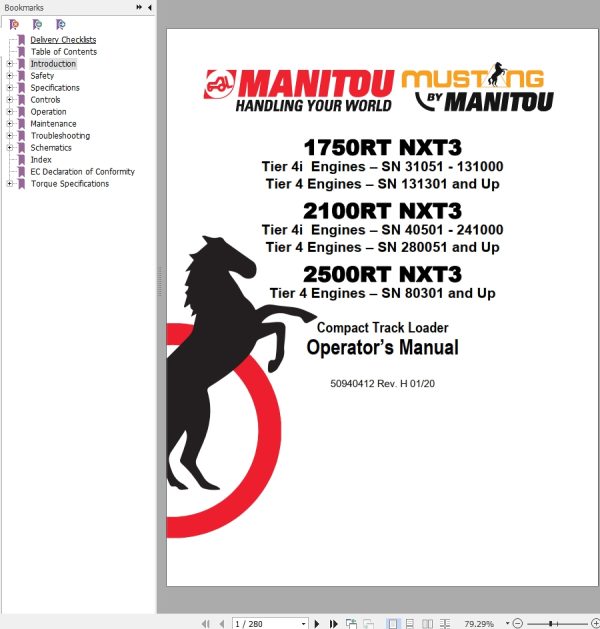 Mustang Compact Track Loader 1750RT NXT3 2100RT NXT3 2500RT NXT3 Operator Manual 50940412H