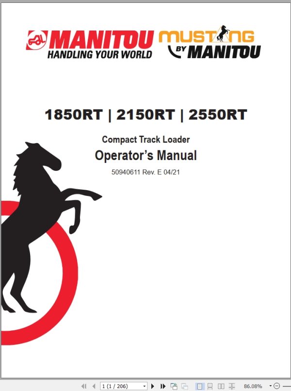 Mustang Compact Track Loader 1850RT 2150RT 2550RT Operator Manual 50940611D