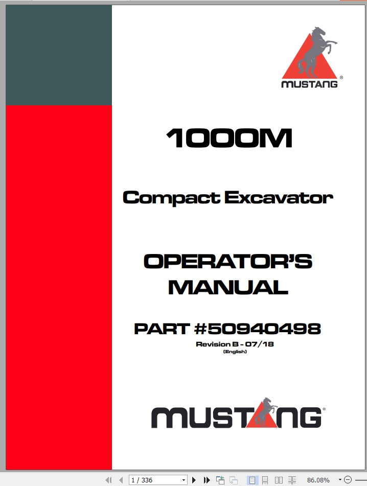 Mustang Excavator 1000M Operator Manual 50940498B