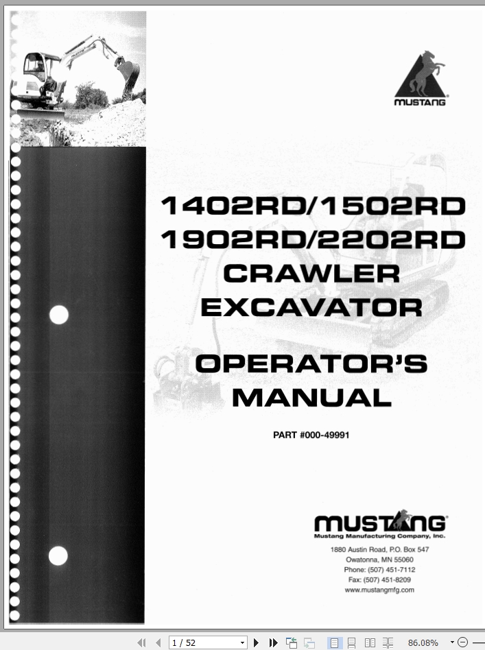 Mustang Excavator 1402RD 1502RD 1902RD 2202RD Operator Manual 000 49991A