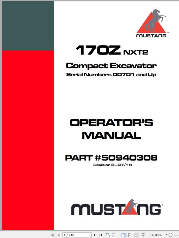Mustang Excavator 170Z NXT2 Operator Manual 50940308B