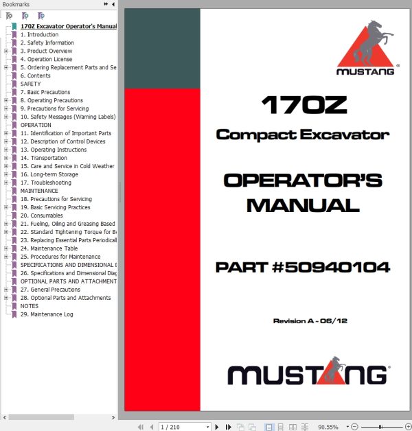 Mustang Excavator 170Z Operator Manual 50940104A