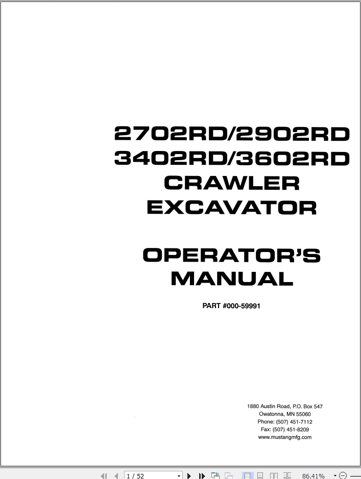 Mustang Excavator 2702RD 2902RD 3402RD 3602RD Operator Manual 000 59991A