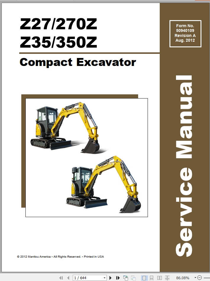Mustang Excavator 270Z 350Z GEHL Z27 Z35 Service Manual 50940109A