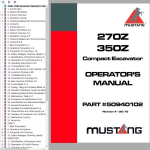 Mustang Excavator 270Z 350Z Operator Manual 50940102A