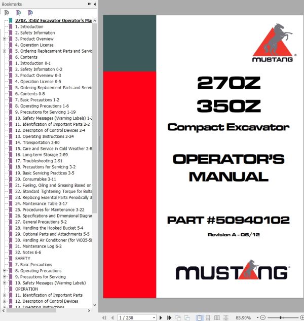 Mustang Excavator 270Z 350Z Operator Manual 50940102A