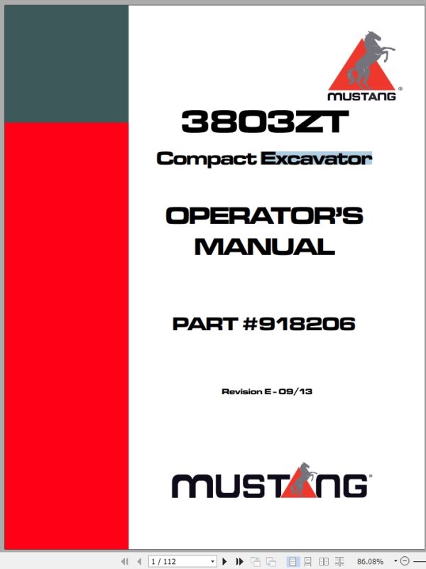Mustang Excavator 3803ZT Operator Manual 918206E