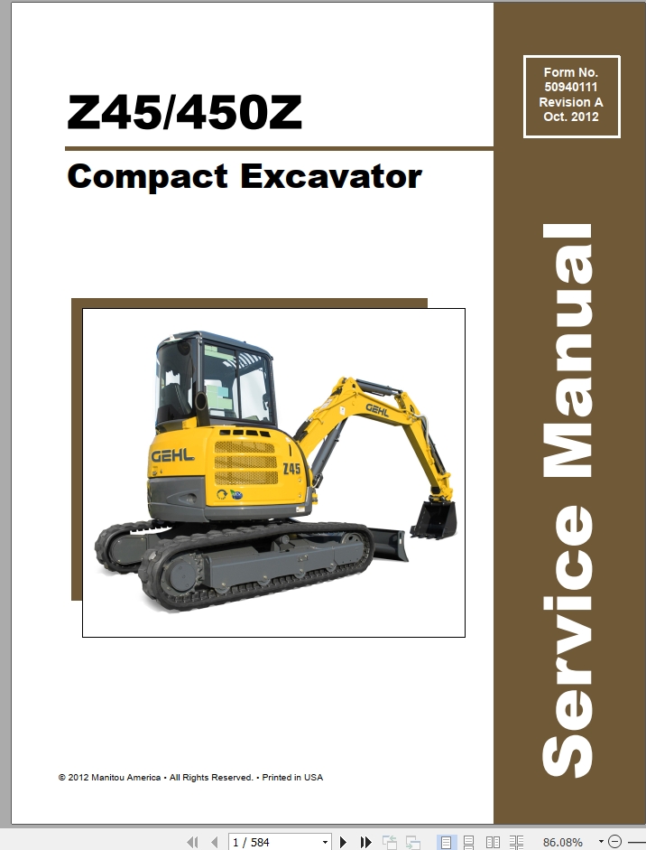 Mustang Excavator 450Z GEHL Z45 Service Manual 50940111A