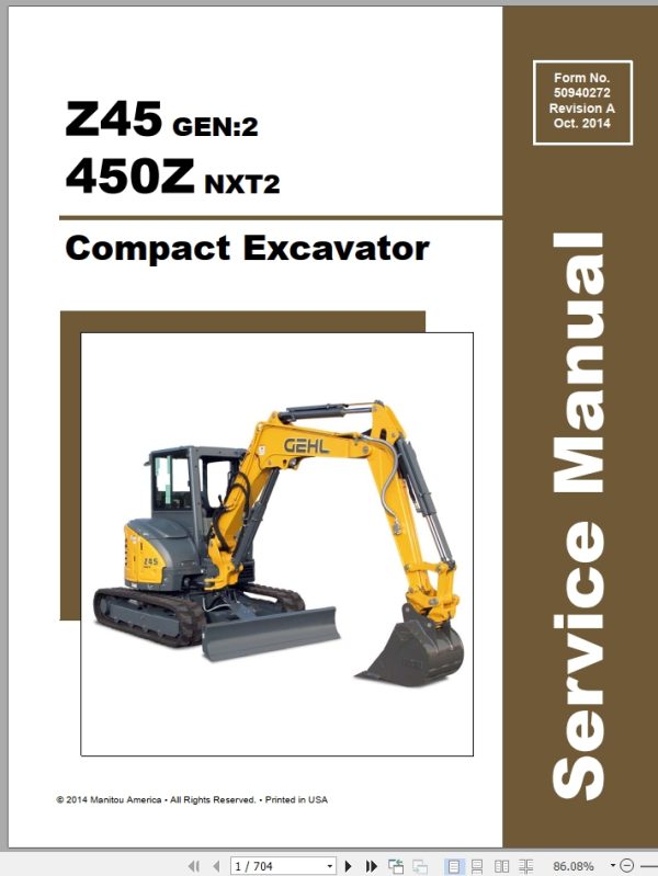 Mustang Excavator 450Z NXT2 GEHL Z45 Gen2 Service Manual 50940272A