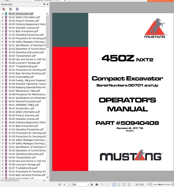 Mustang Excavator 450Z NXT2 Operator Manual 50940408B