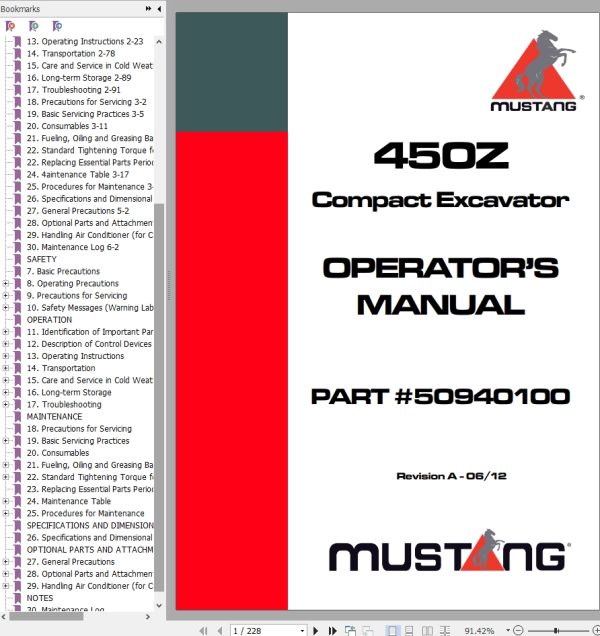 Mustang Excavator 450Z Operator Manual 50940100A