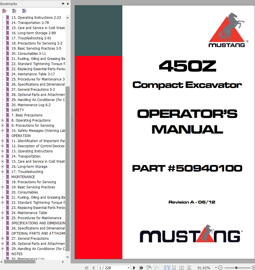 Mustang Excavator 450Z Operator Manual 50940100A