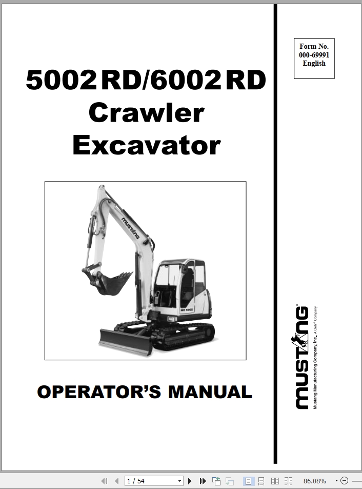 Mustang Excavator 5002RD 6002RD Operator Manual 000 69991A