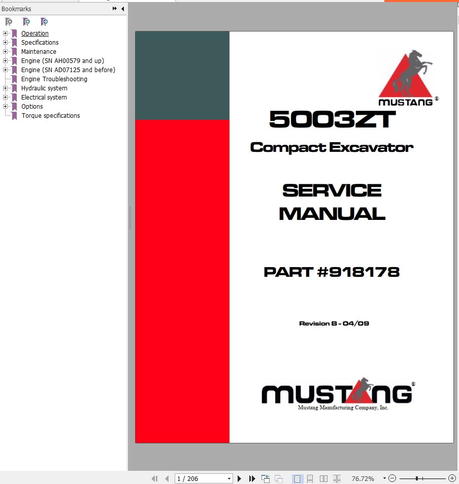 Mustang Excavator 5003ZT Service Manual 918178B