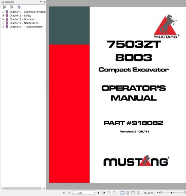 Mustang Excavator 7503ZT 8003 Operator Manual 918082D