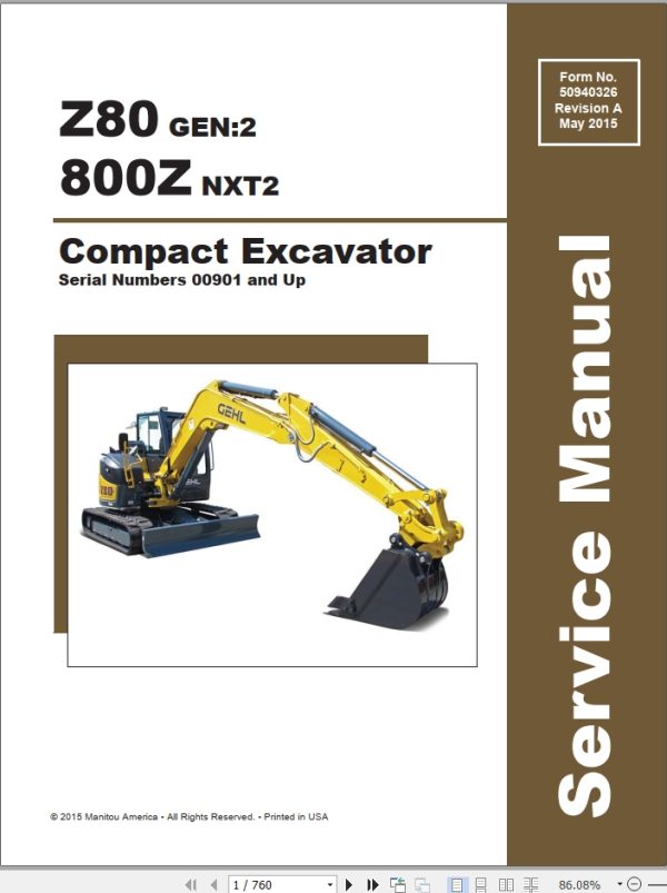 Mustang Excavator 800Z NXT2 GEHL Z80 GEN2 Service Manual 50940326A