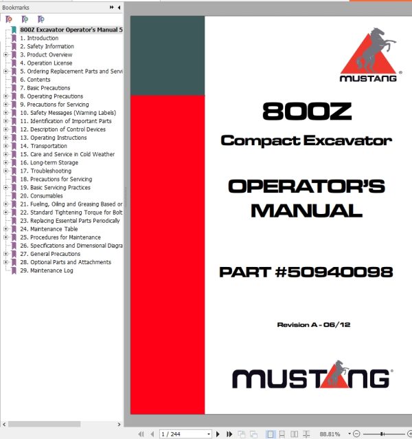 Mustang Excavator 800Z Operator Manual