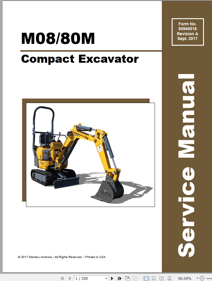 Mustang Excavator M08 80M Service Manual 50940518A