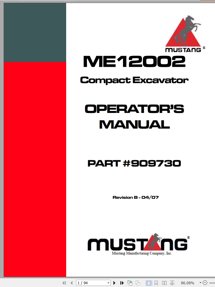 Mustang Excavator ME12002 Operator Manual 909730B