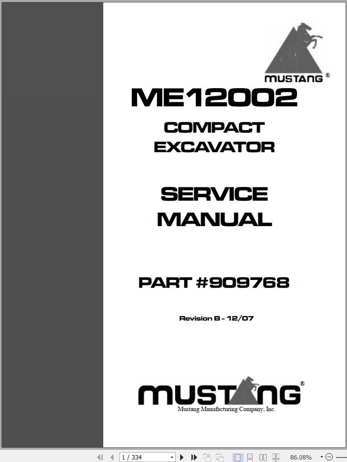 Mustang Excavator ME12002 Service Manual 909768B