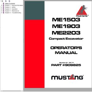 Mustang Excavator ME1503 ME1903 ME2203 Operator Manual 909825D