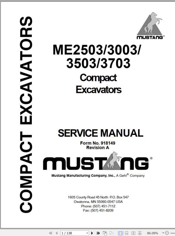 Mustang Excavator ME2503 ME3003 ME3503 ME3703 Service Manual 918149A