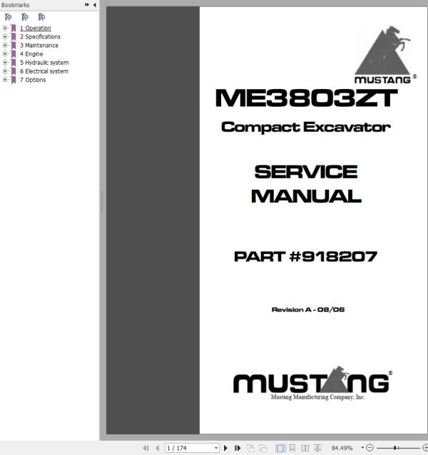Mustang Excavator ME3803ZT Service Manual 918207A