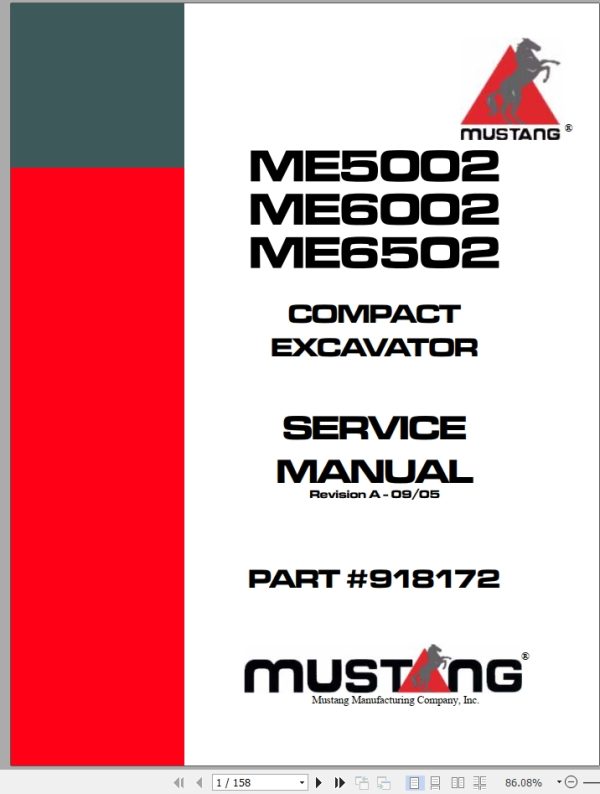 Mustang Excavator ME5002 ME6002 ME6502 Service Manual 918172A