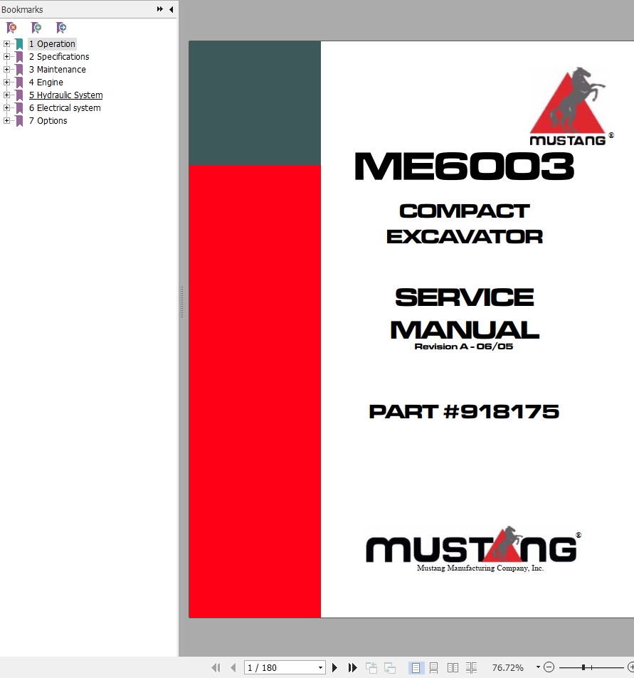 Mustang Excavator ME6003 Service Manual 918175A