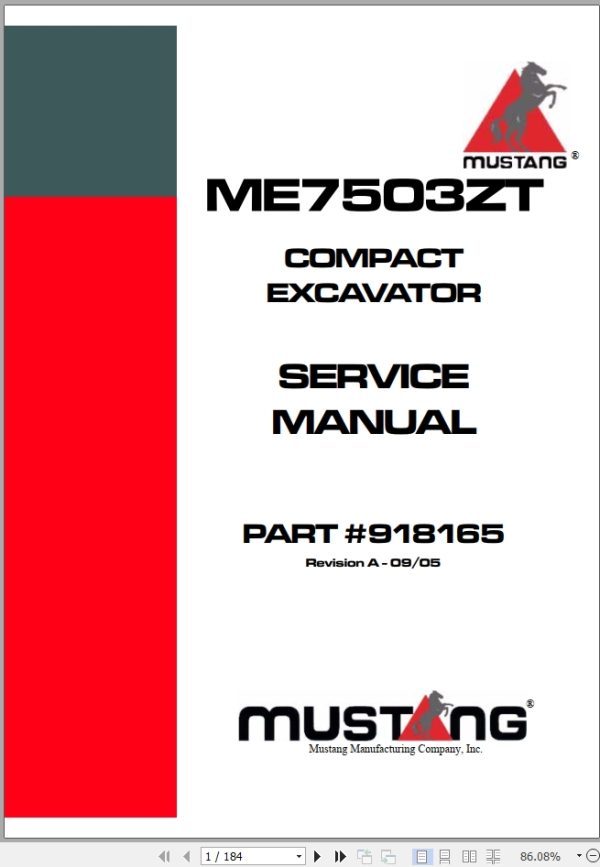 Mustang Excavator ME7503ZT Service Manual 918165A