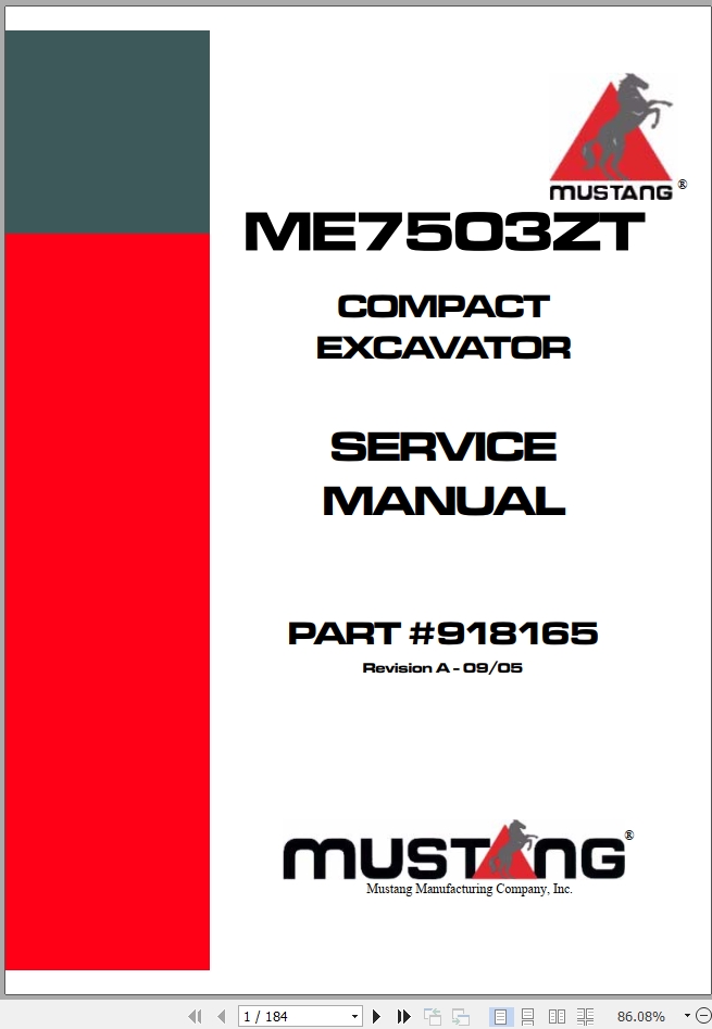 Mustang Excavator ME7503ZT Service Manual 918165A