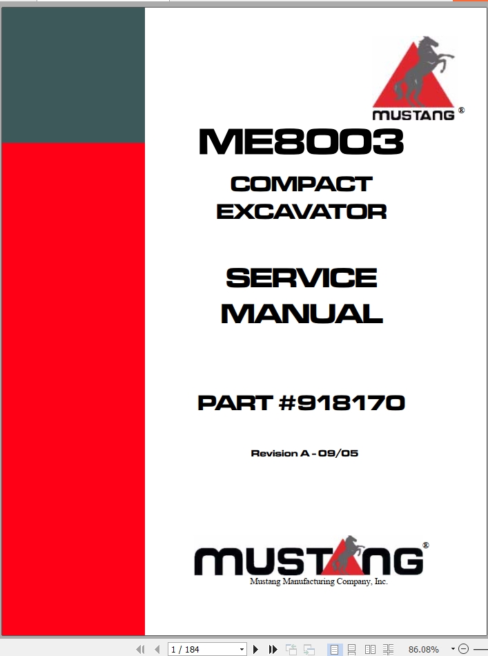 Mustang Excavator ME8003 Service Manual 918170A