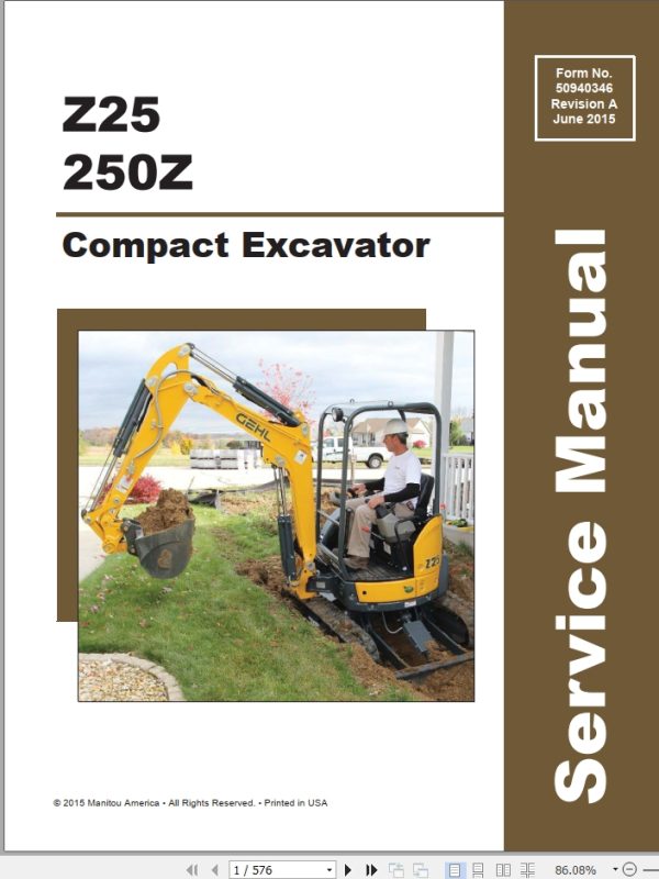 Mustang Excavator Z25 250Z Service Manual 50940346A