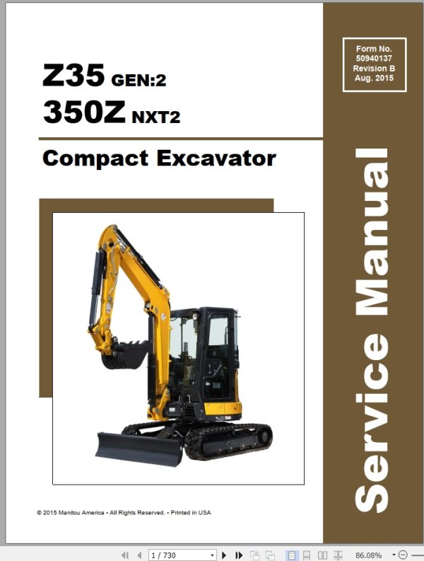 Mustang Excavator Z35 Gen2 350Z NXT2 Service Manual 50940137B 1