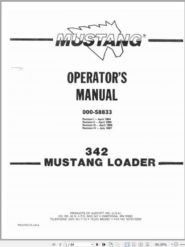 Mustang Loader 342 Operator Manual 000 58833