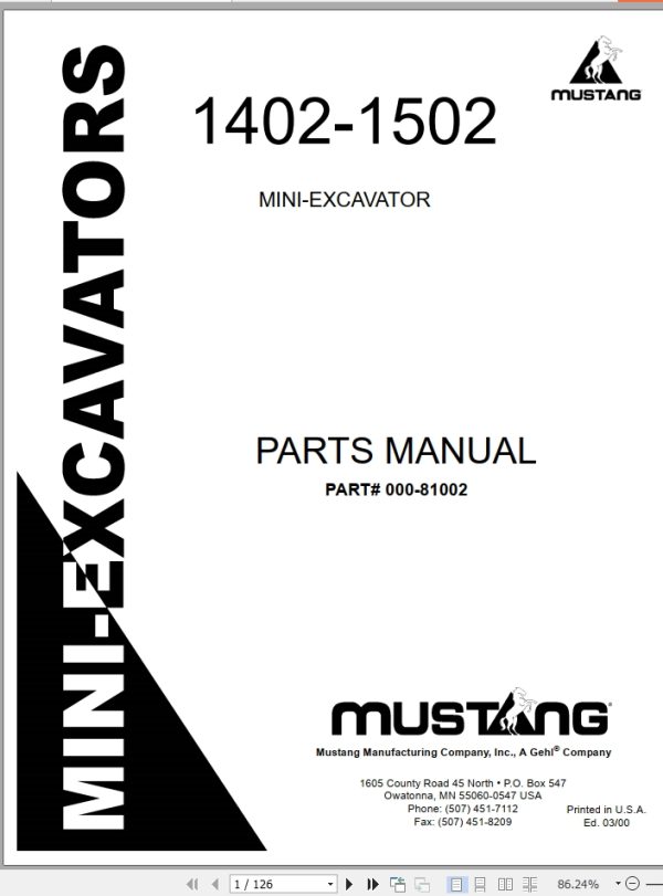 Mustang Mini Excavator 1402 1502 Parts Manual 000 81002A