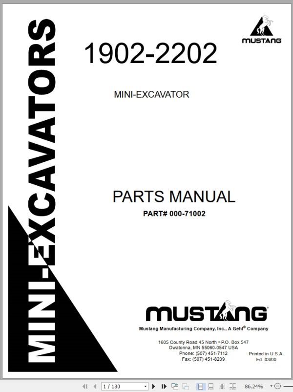 Mustang Mini Excavator 1902 2202 Parts Manual 000 71002A