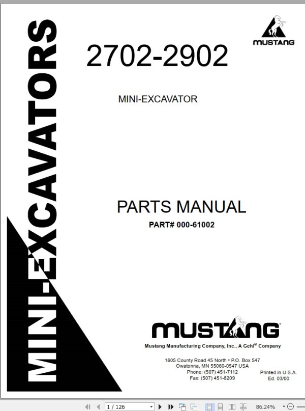 Mustang Mini Excavator 2702 2902 Parts Manual 000 61002A