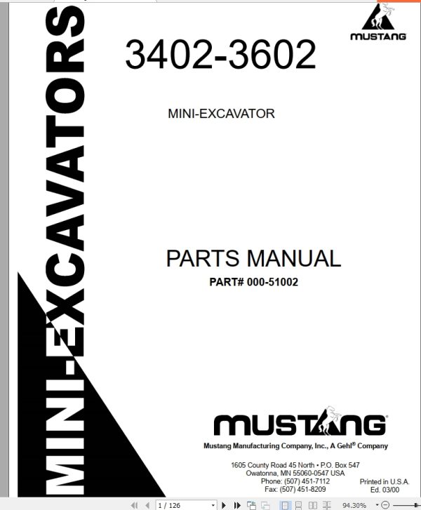 Mustang Mini Excavator 3402 3602 Parts Manual 000 51002A