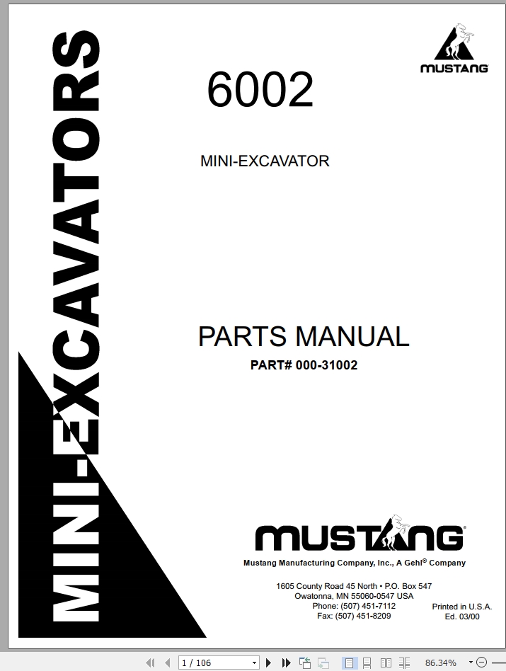 Mustang Mini Excavator 6002 Parts Manual 000 31002A