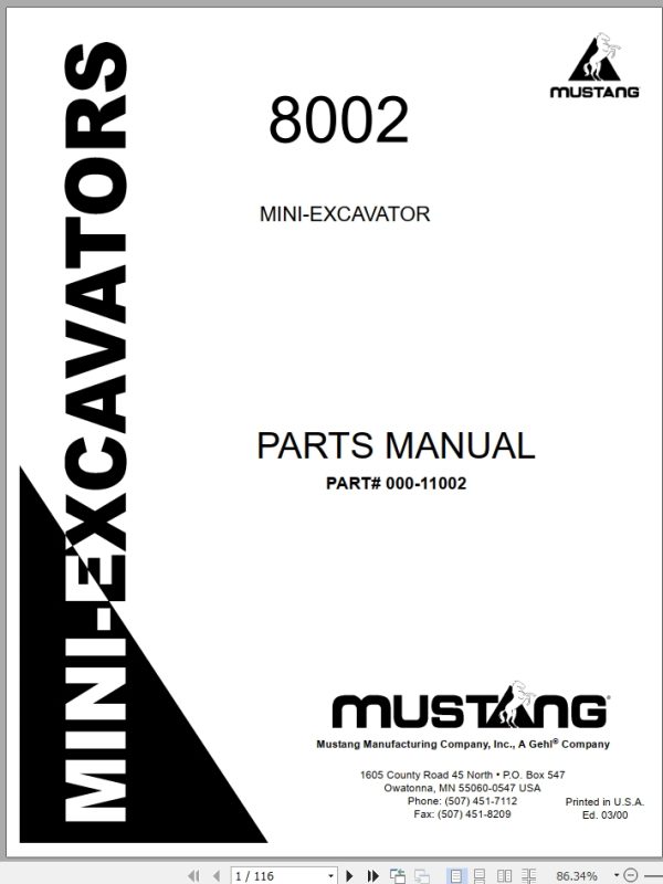 Mustang Mini Excavator 8002 Parts Manual 000 11002A
