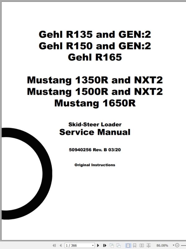 Mustang Skid Steer Loader 1350R NXT2 1500R NXT2 1650R Service Manual 50940256B