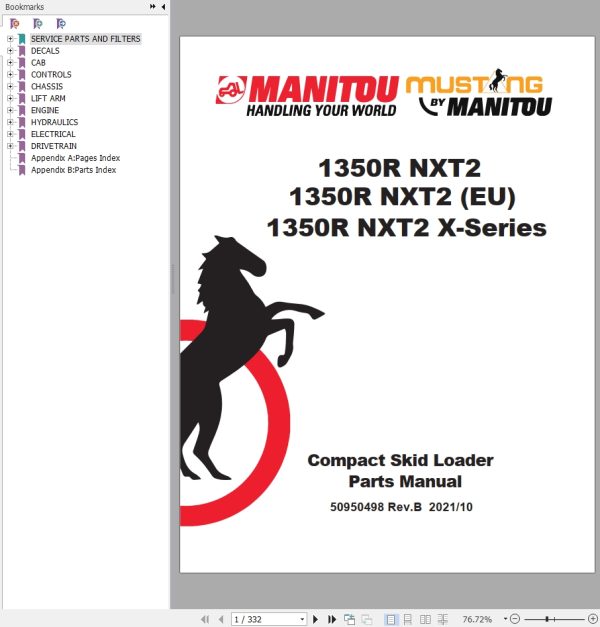 Mustang Skid Steer Loader 1350R NXT2 Parts Manual 50950498B