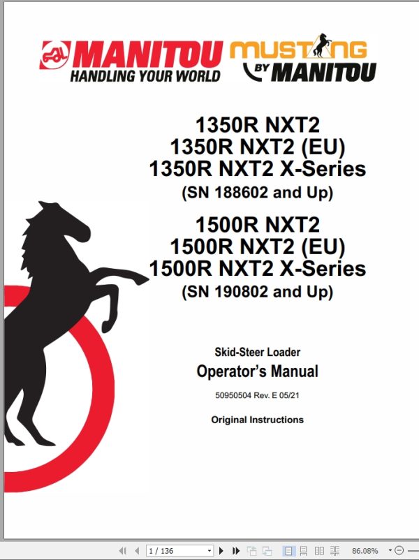 Mustang Skid Steer Loader 1350R NXT2 to 1500R NXT2 X Series Operator Manual 50950504E