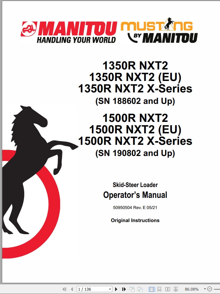 Mustang Skid Steer Loader 1350R NXT2 to 1500R NXT2 X Series Operator Manual 50950504E