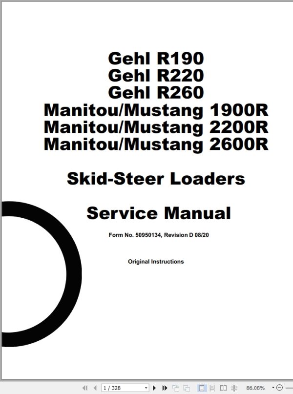 Mustang Skid Steer Loader 1900R 2200R 2600R Service Manual 50950134D