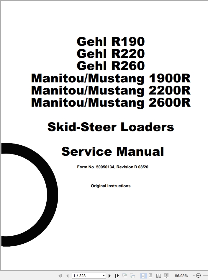 Mustang Skid Steer Loader 1900R 2200R 2600R Service Manual 50950134D