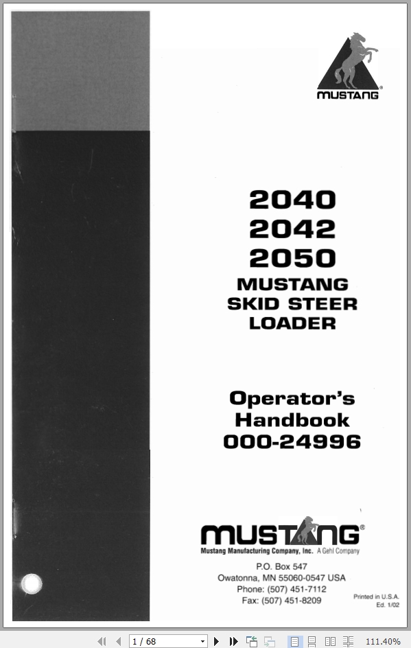 Mustang Skid Steer Loader 2040 2042 2050 Operator Manual 000 24996A