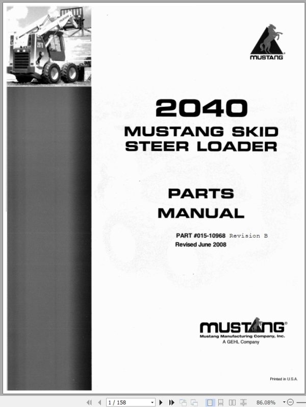 Mustang Skid Steer Loader 2040 Parts Manual 015 10968
