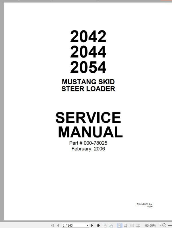 Mustang Skid Steer Loader 2042 2044 2054 Service Manual 000 78025